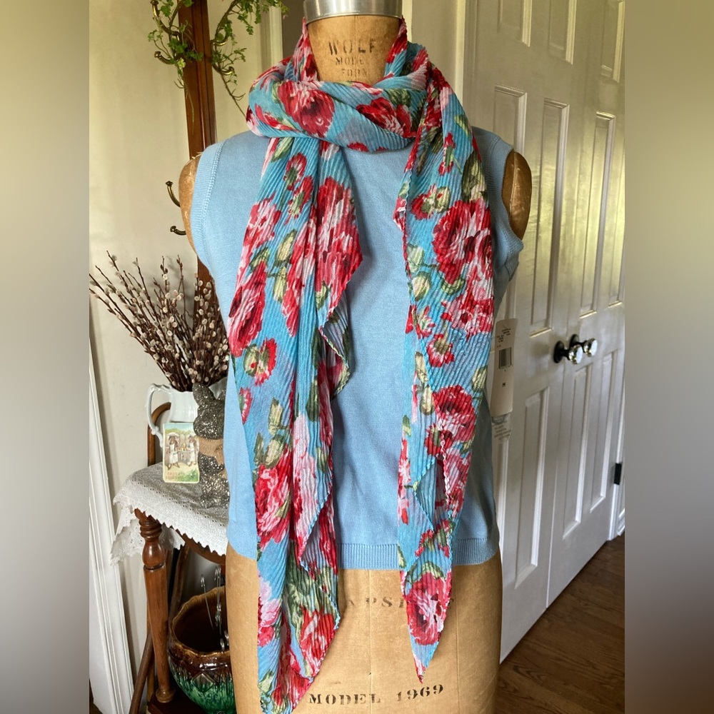 Turquoise and Roses Flowy Scarf 6’ NWT RETRO FABULOUS